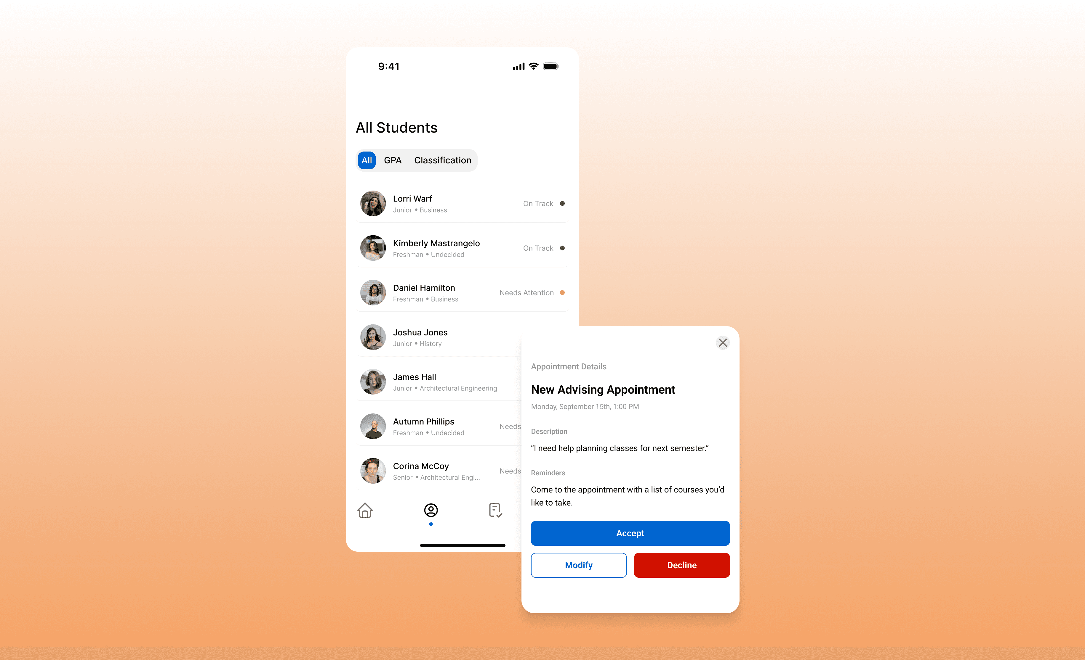 Advisor view listing all students, with a new advising appointment request