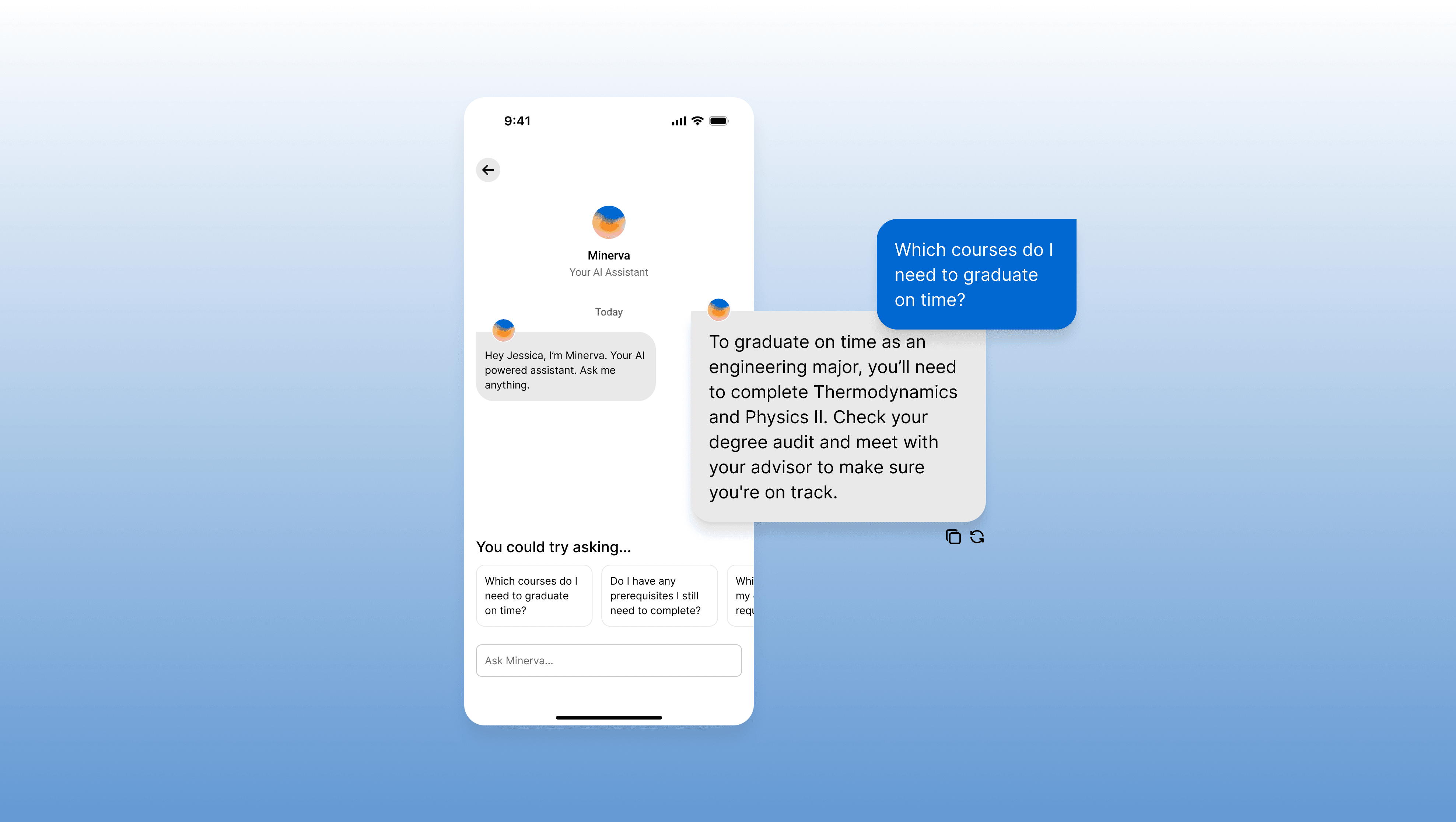 Chat with Minerva, the CampusCore AI advisor, answering a graduation question